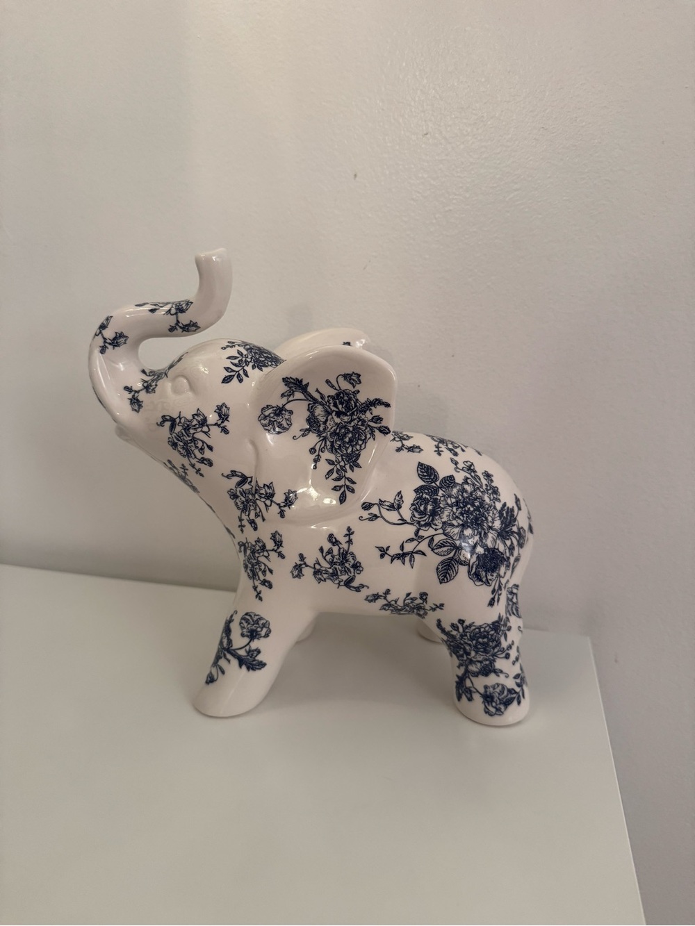 White and Blue Elephant Floral Figurine Ceramic Sculpture Decoration